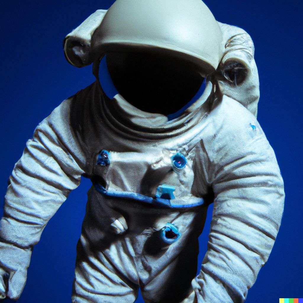 an astronaut, photograph, taken from a low angle